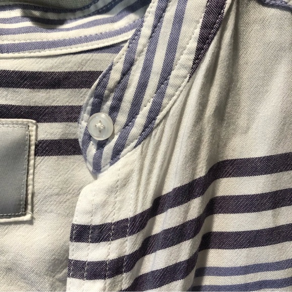 Rails blue and white horizontal stripe button down rayon blouse Chinese collar L - Picture 5 of 10